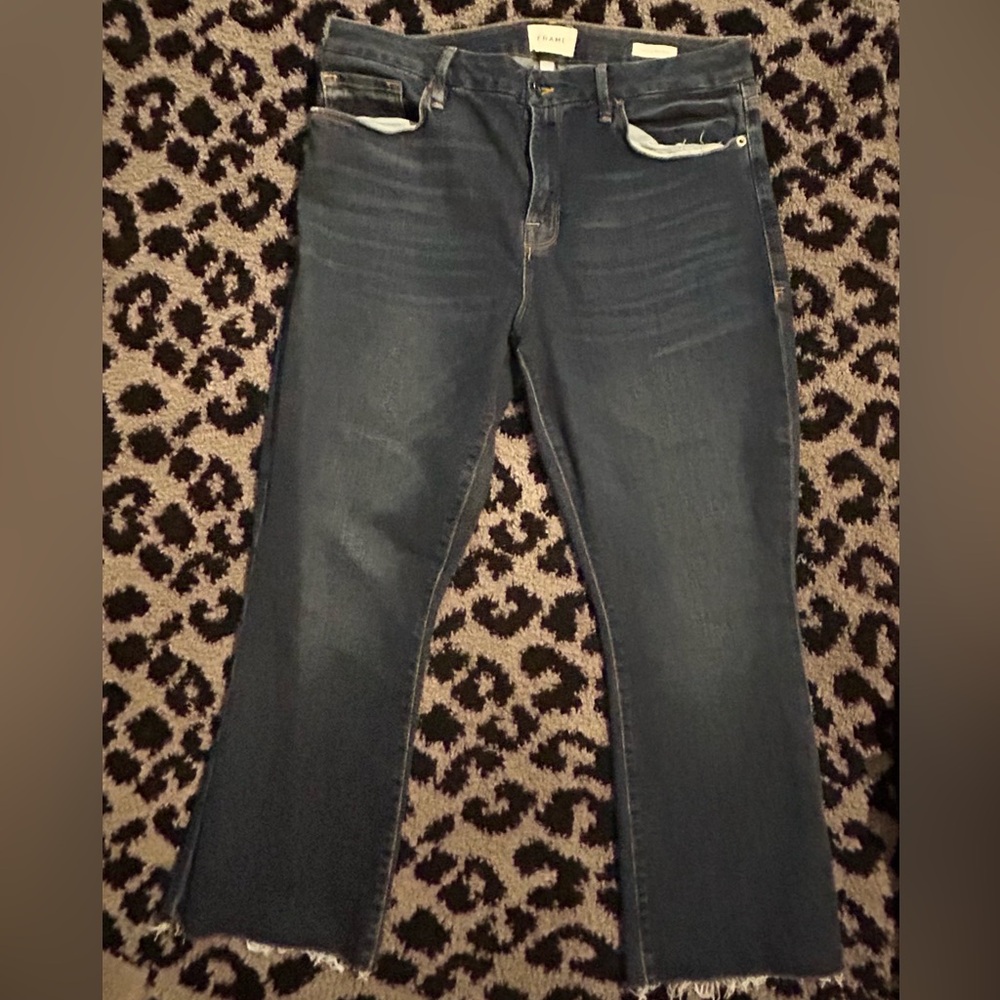 Frame Le Crop Mini Boot Denim Women's Dark Blue Distressed Jeans Frayed Hem